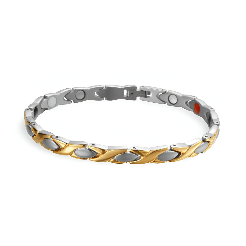Bracelet mixte en titane argenté et or avec maillons incurvés et aimants visibles.