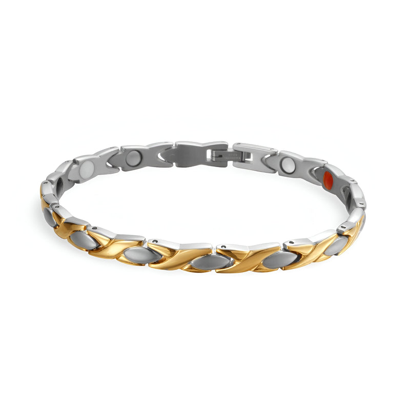 Bracelet mixte en titane argenté et or avec maillons incurvés et aimants visibles.