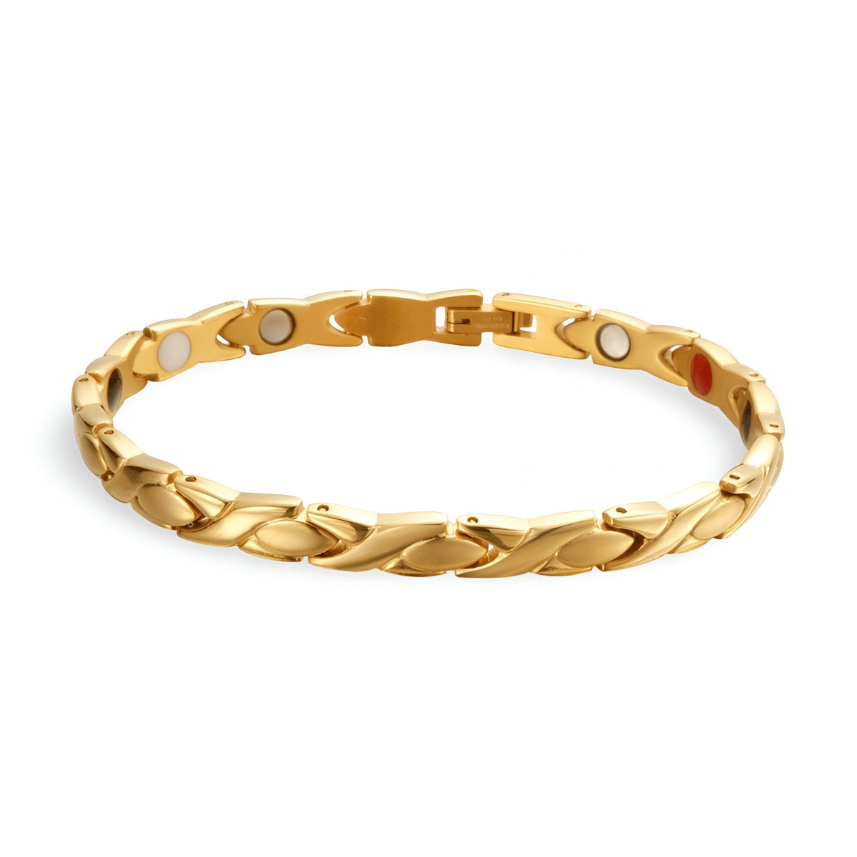Bracelet femme en titane or rosé avec maillons lisses et aimants visibles.