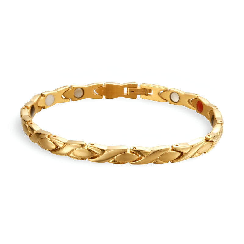 Bracelet femme en titane or rosé avec maillons lisses et aimants visibles.