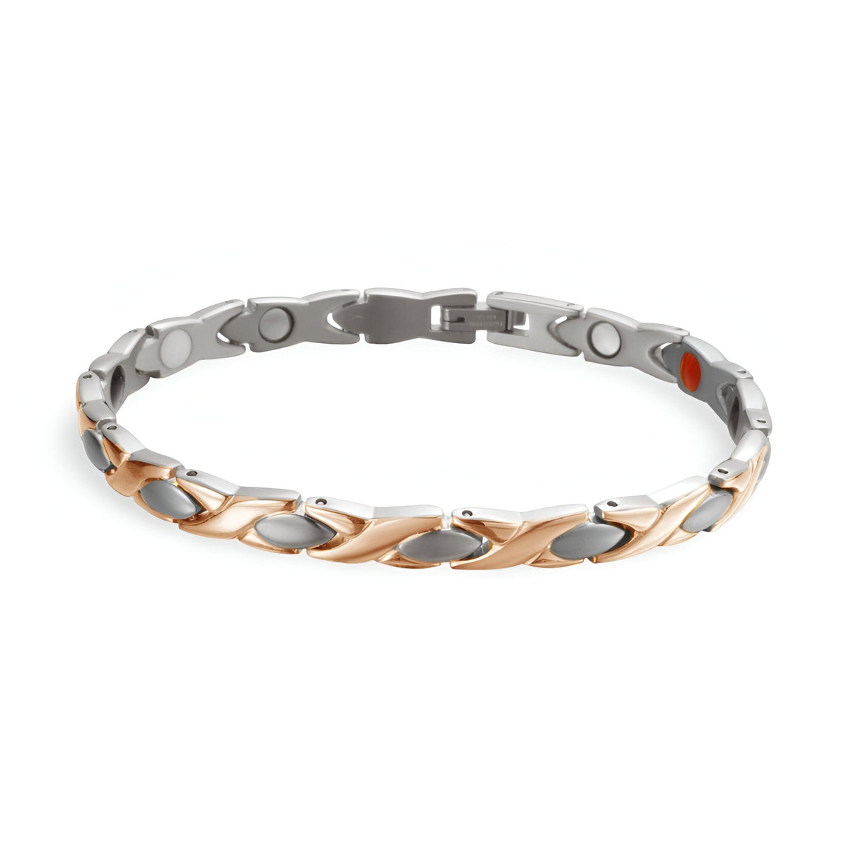 Bracelet femme en titane argent et or rosé avec liens en forme de feuilles et aimants visibles.