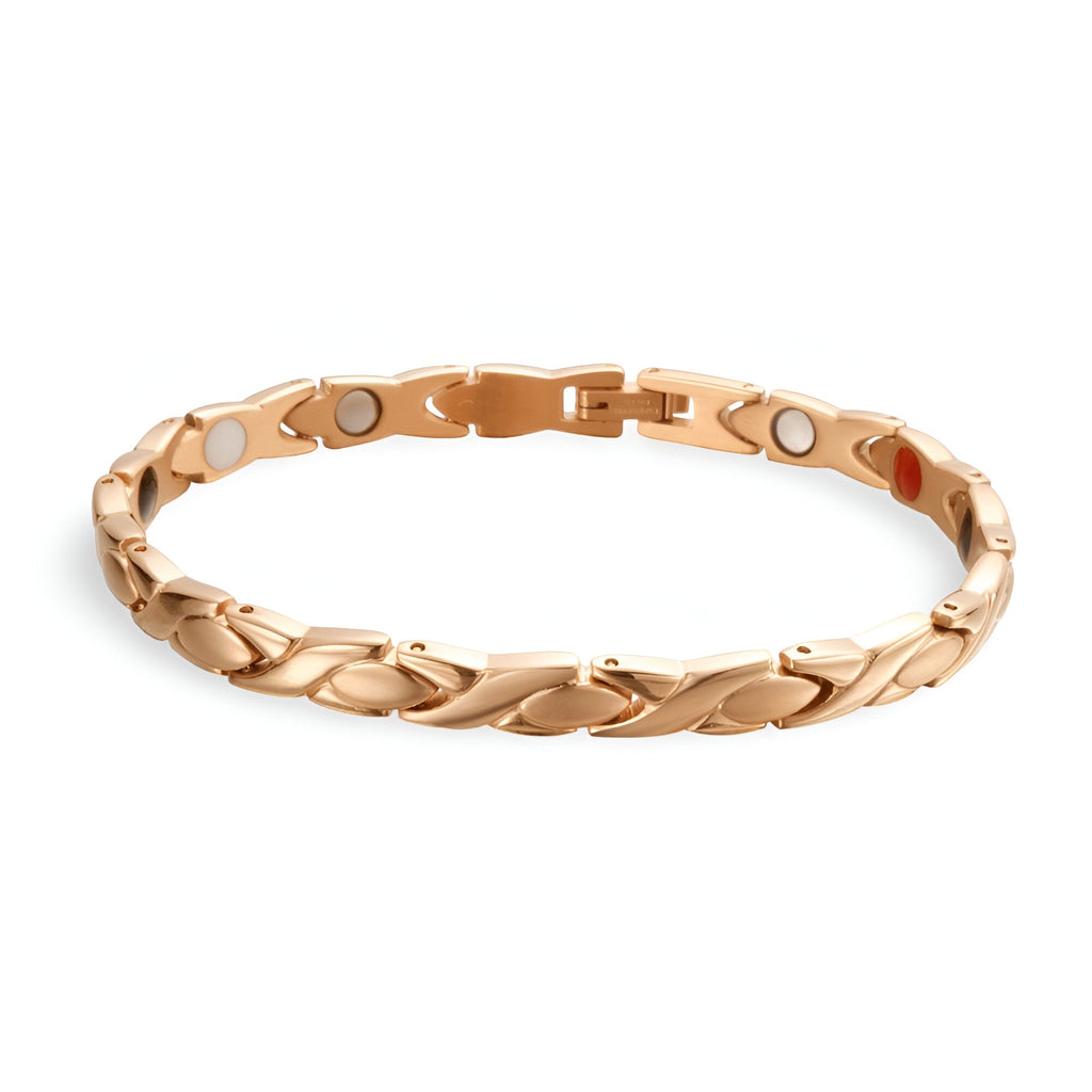 Bracelet magnétique en titane or rosé avec maillons élégants et tourmalines intégrées.
