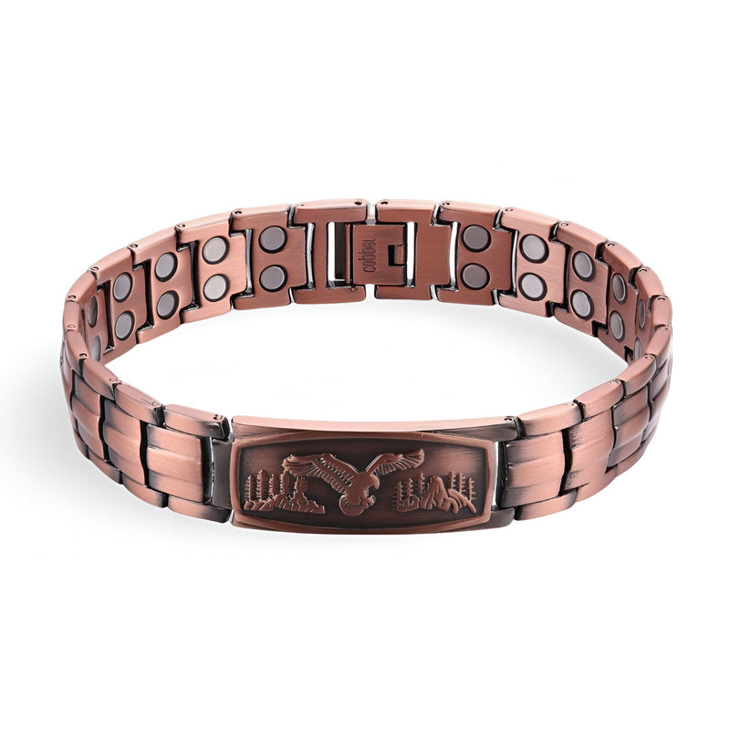 Bracelet magnétique en cuivre bronze avec aigle gravé et maillons larges pour homme.