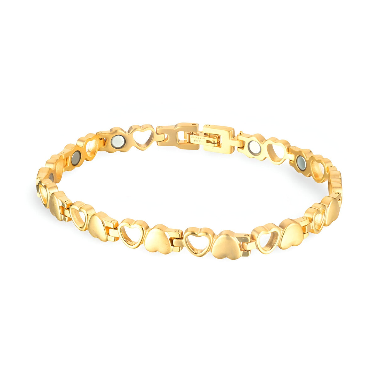 Bracelet magnétique en titane doré avec maillons cœurs pleins et ajourés pour femme.