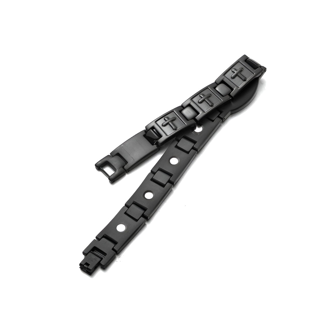 Bracelet magnétique homme en titane noir avec croix chrétiennes gravées, modèle Vedis.