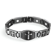 Bracelet magnétique en titane noir et argent avec croix chrétienne pour homme, modèle Vedis.