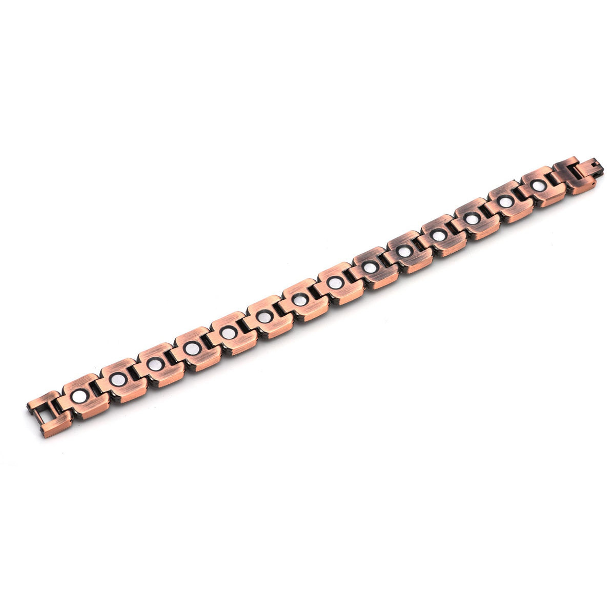 Bracelet en cuivre à maillons carrés ornés de pierres naturelles noires, design masculin et moderne.