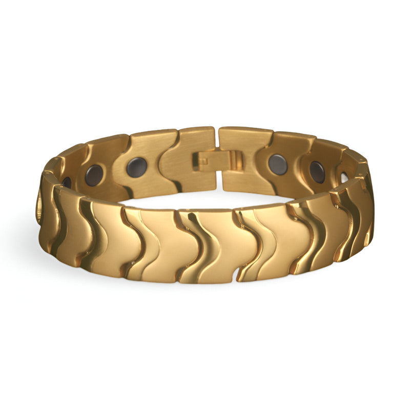 Bracelet magnétique en acier inoxydable doré avec maillons ondulés pour homme.