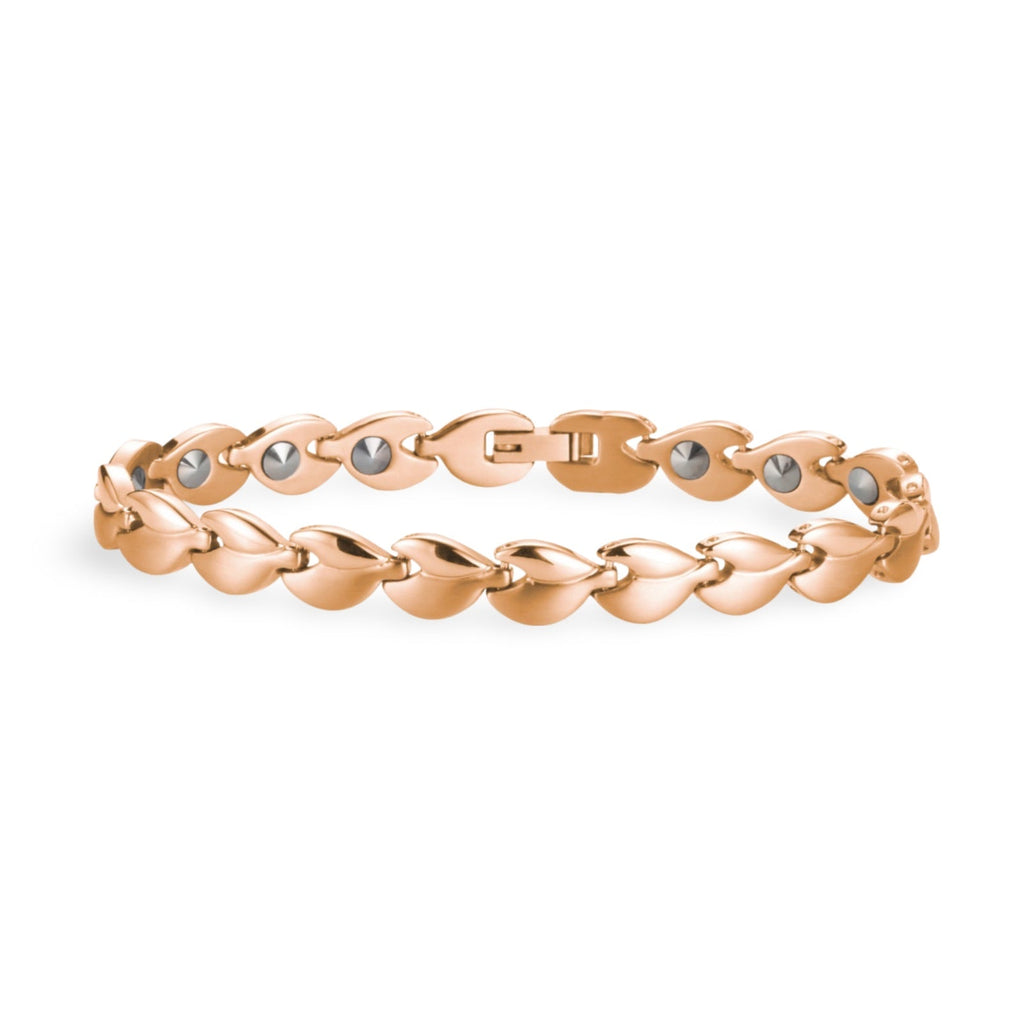 Bracelet magnétique femme en germanium coloris or rosé avec maillons arrondis et fermoir sécurisé.