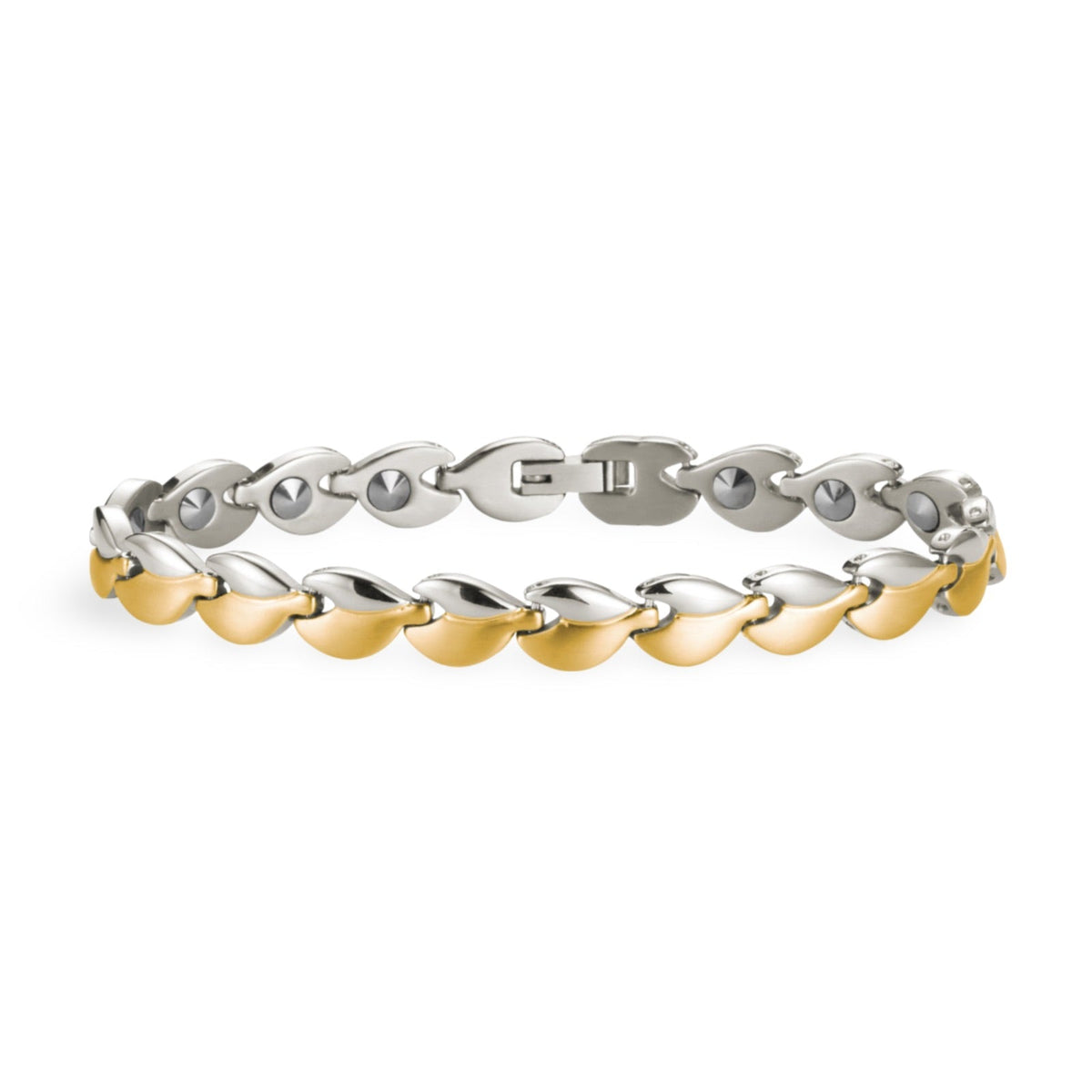 Bracelet magnétique bicolore en argent et or, maillons arrondis et élégants, modèle Astrid.