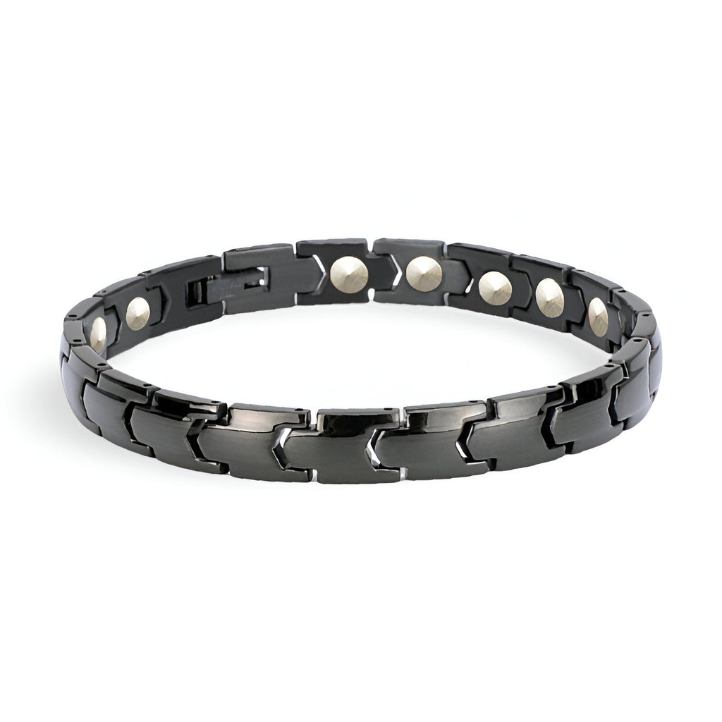 Bracelet magnétique pour homme en germanium noir mat avec maillons et aimants ronds argentés.
