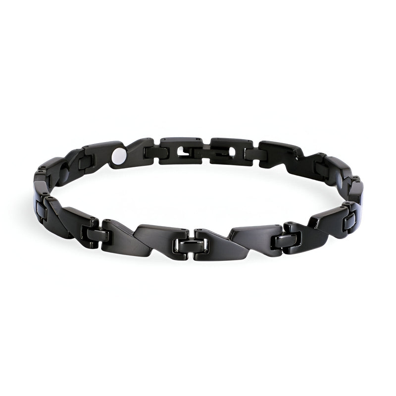 Bracelet magnétique en titane noir pour femme avec maillons géométriques élégants.