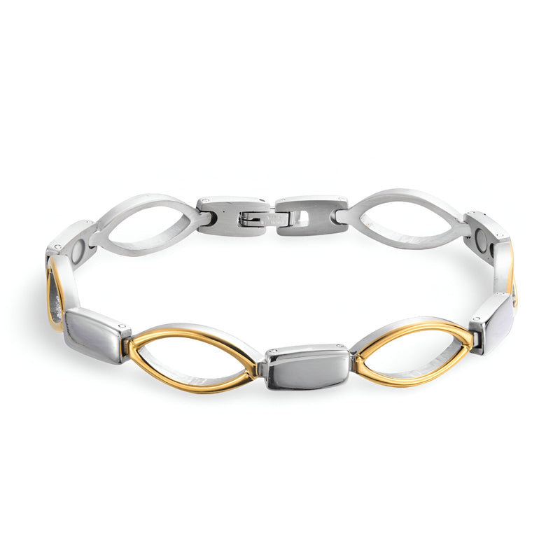 Bracelet magnétique femme en titane argenté et doré avec maillons ovales et rectangulaires élégants.