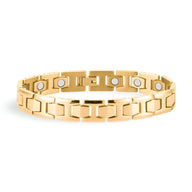 Bracelet magnétique pour homme en titane doré avec maillons rectangulaires et aimants visibles.