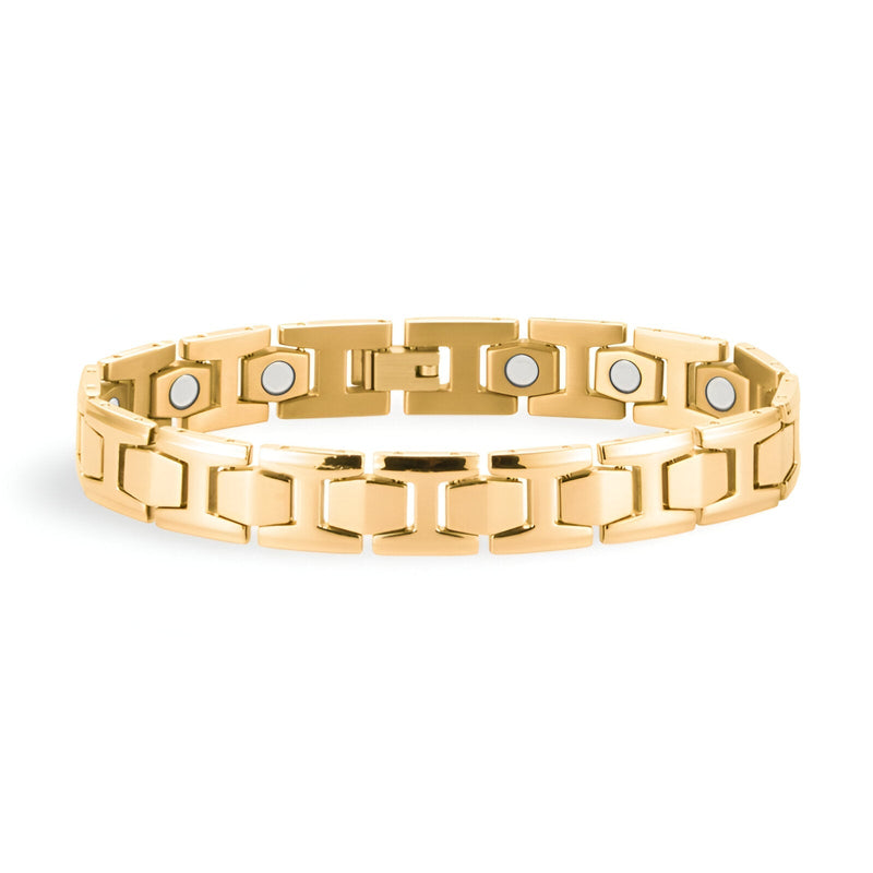 Bracelet magnétique pour homme en titane doré avec maillons rectangulaires et aimants visibles.
