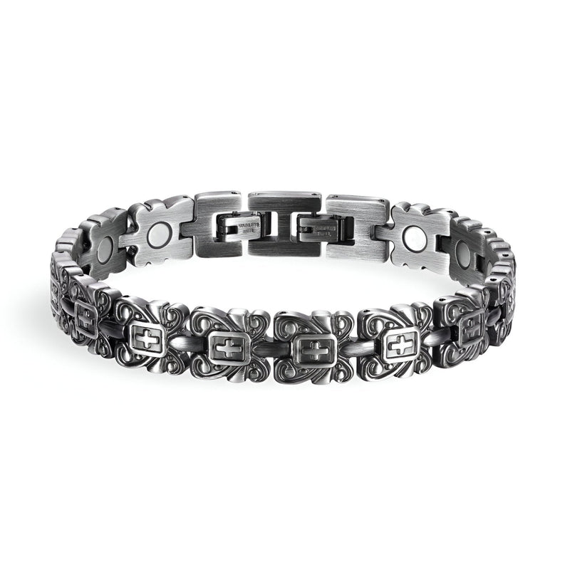 Bracelet magnétique en titane gris avec maillons rectangulaires et détails gravés homme.