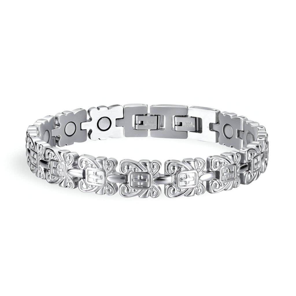 Bracelet magnétique en titane argenté pour homme, avec maillons design Thordis entrelacés.