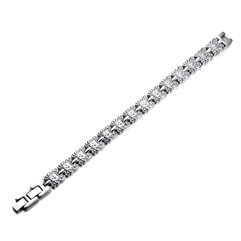 Bracelet magnétique en titane argenté pour homme avec maillons détaillés en chaîne robuste.