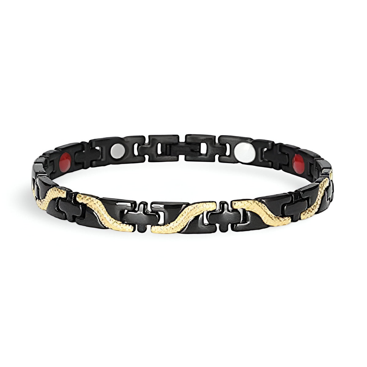 Bracelet magnétique fin en titane noir avec détails ondulés dorés pour homme.