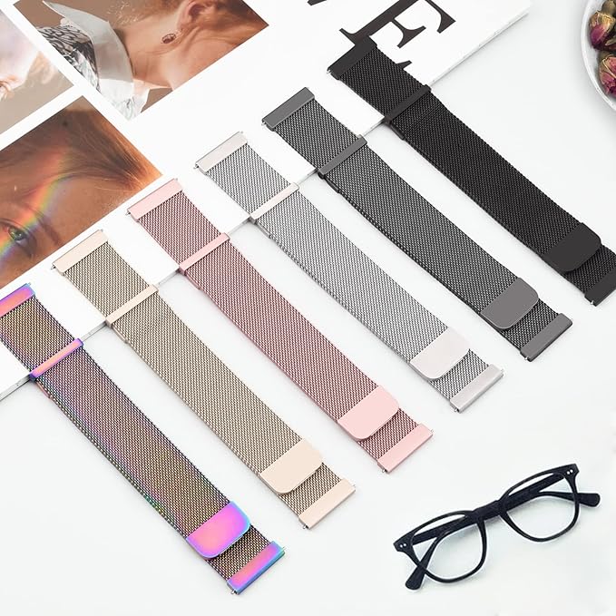 Lot de bracelets magnétiques maille milanaise en acier inoxydable pour montre Huawei, différentes couleurs pastel et neutres.