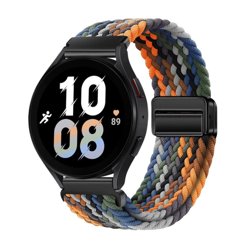 Bracelet magnétique pour Huawei Watch en nylon tressé multicolore bleu, orange et gris, à motifs entrelacés.
