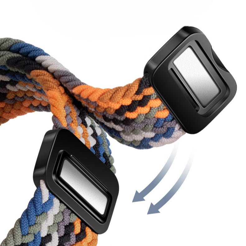 Bracelet magnétique pour Huawei Watch en nylon tressé multicolore avec fermoir noir en métal brillant.