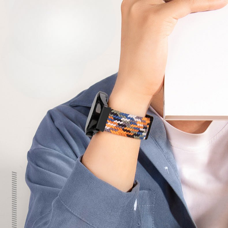 Bracelet magnétique en nylon tressé à motif multicolore bleu, orange et beige pour Huawei Watch.