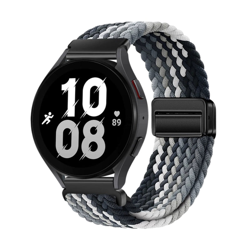 Bracelet magnétique en nylon tressé bicolore gris et blanc pour Huawei Watch noire.