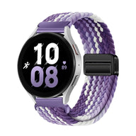 Bracelet magnétique tressé en nylon violet et blanc pour Huawei Watch avec fermeture noire.