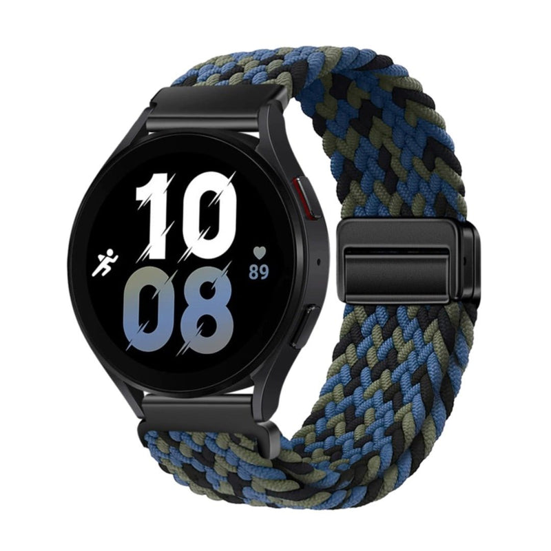 Bracelet magnétique pour Huawei Watch en nylon tressé bleu, noir et gris, motif multicolore.