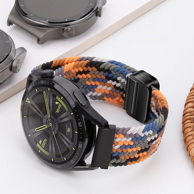 Bracelet magnétique tressé en nylon multicolore pour Huawei Watch, tons orange, bleu et beige.