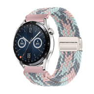 Bracelet magnétique en nylon tressé rose, gris et bleu pour Huawei Watch avec boucle argentée.