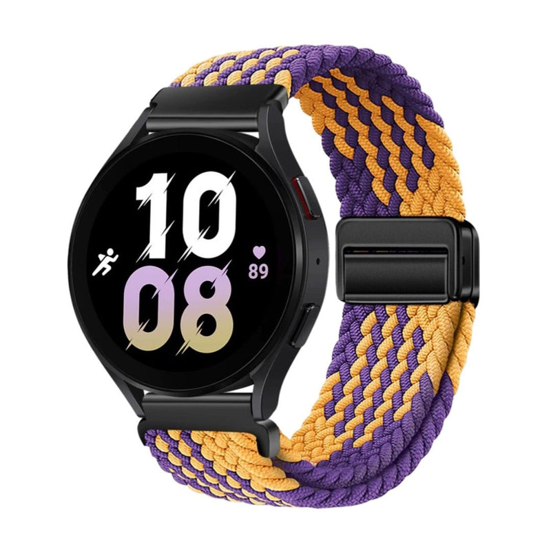 Bracelet magnétique en nylon tressé violet et orange pour Huawei Watch avec boucle noire.
