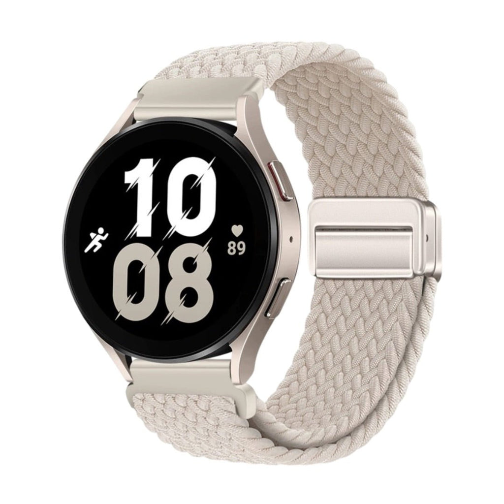 Bracelet magnétique en nylon tressé beige pour Huawei Watch avec fermoir argenté.