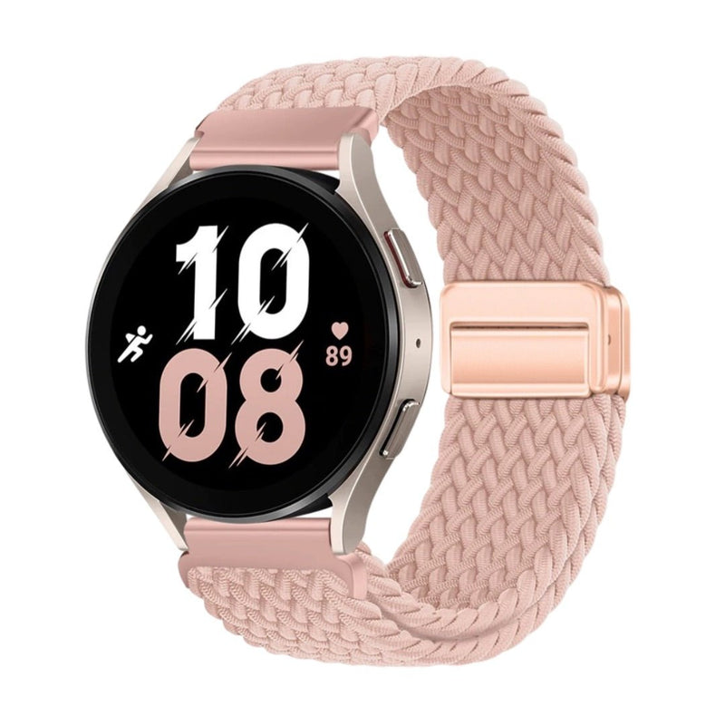 Bracelet magnétique rose en nylon tressé pour montre Huawei, boucle métallique rose pâle.