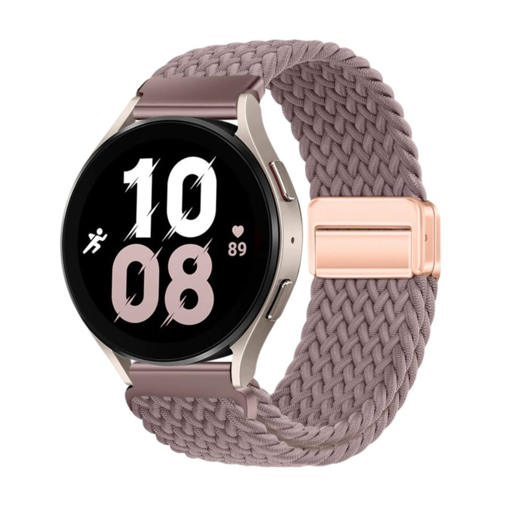 Bracelet magnétique en nylon tressé couleur taupe pour Huawei Watch avec fermoir métallique rose doré.