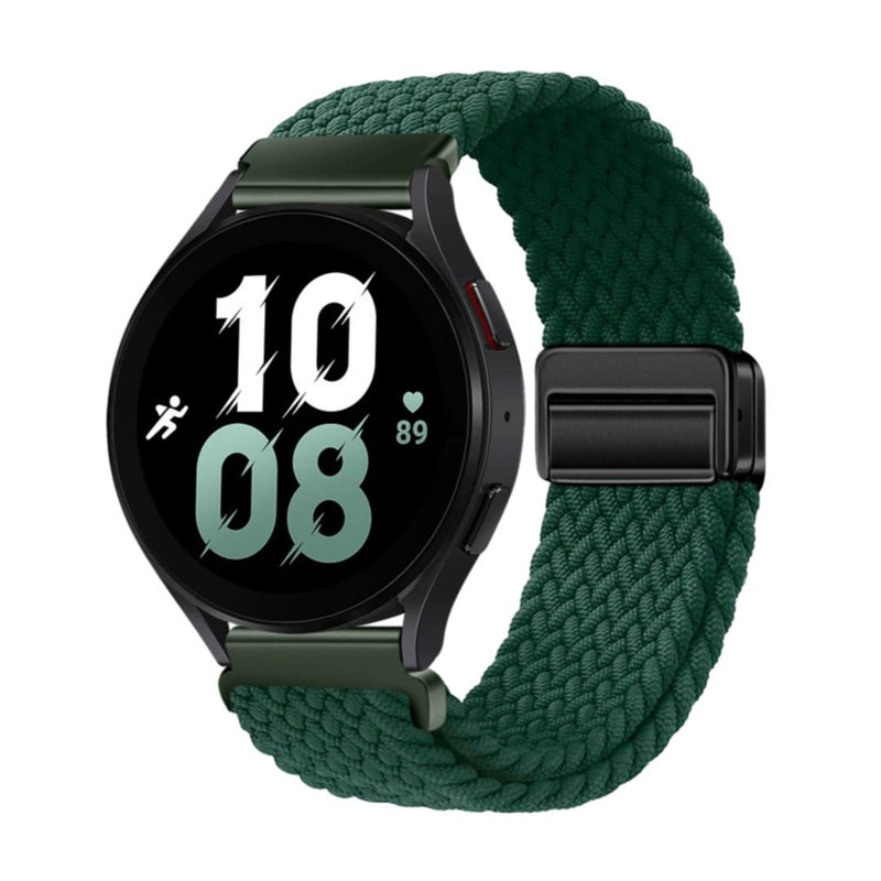 Bracelet magnétique vert foncé en nylon tressé pour montre Huawei Watch avec fermoir noir.
