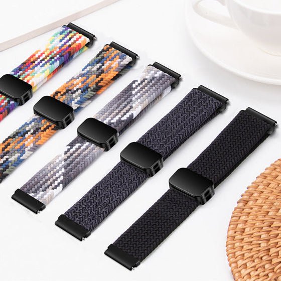 Bracelets magnétiques pour Huawei Watch en nylon tressé, motifs colorés et noirs avec attaches noires.