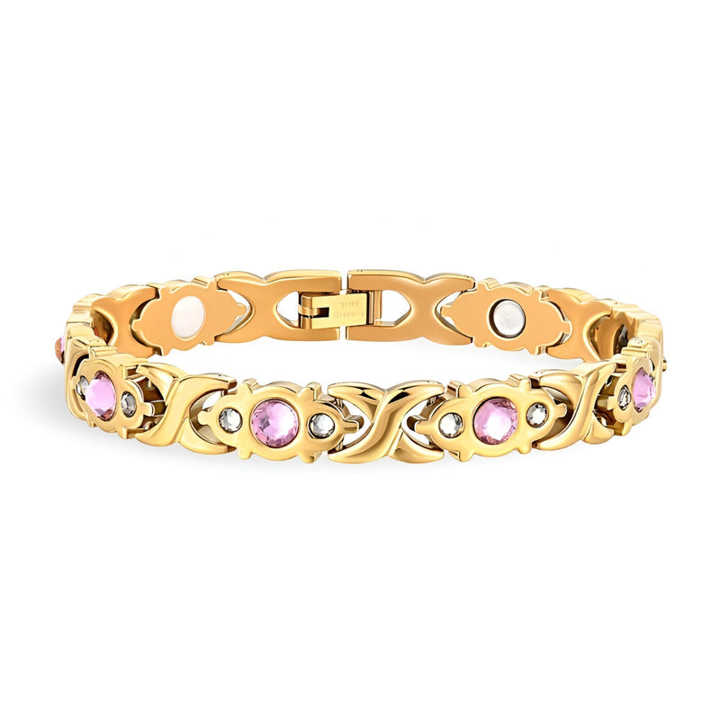 Bracelet magnétique en titane or serti de zirconium rose, design élégant pour femme.