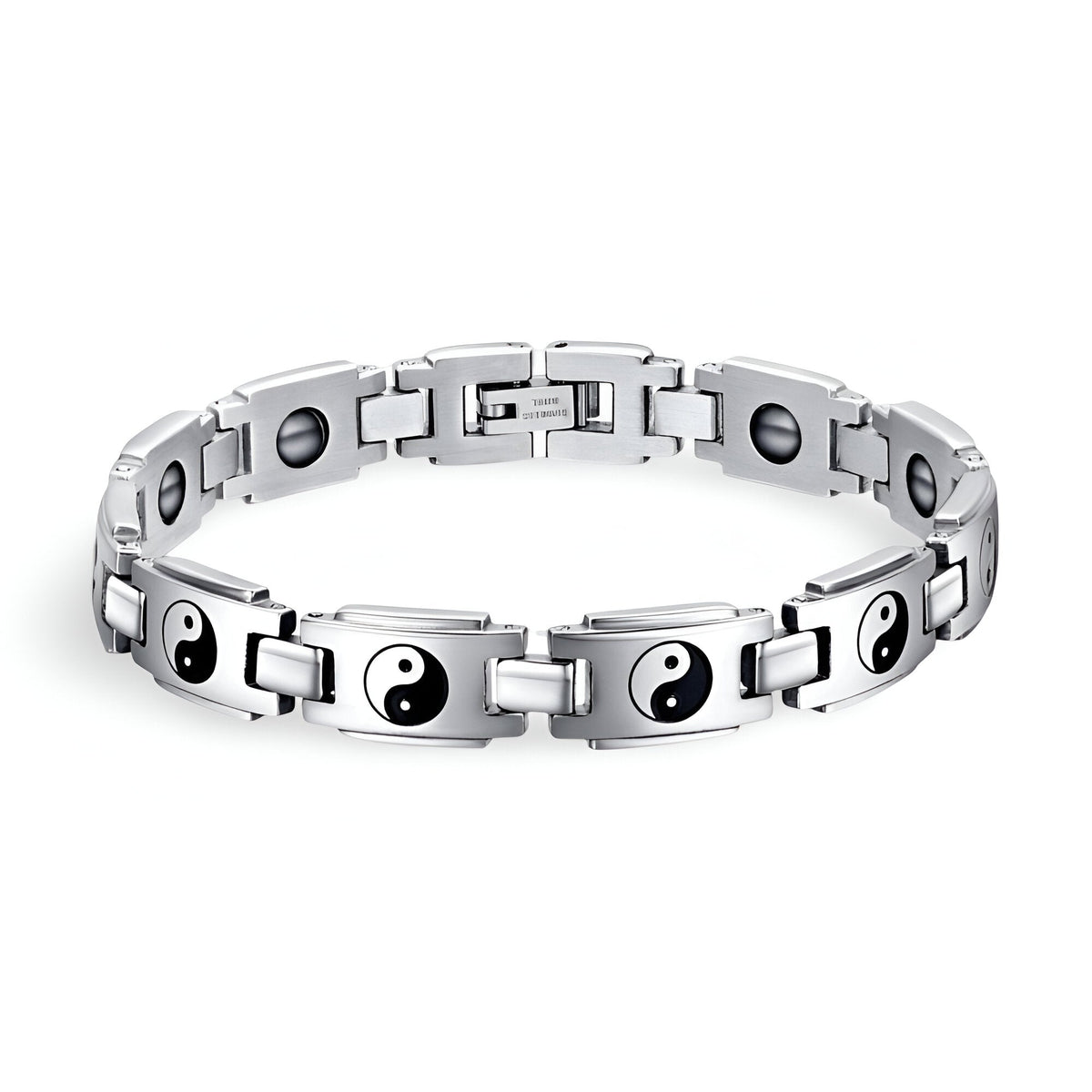 Bracelet en titane argenté pour homme avec motifs yin et yang noirs et blancs, style chaîne robuste.