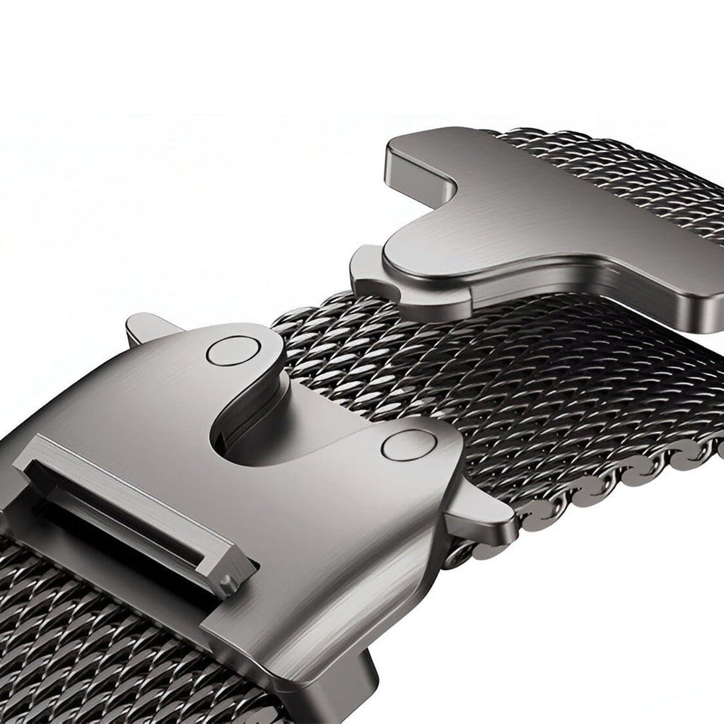 Bracelet maille milanaise en acier inoxydable gris avec fermoir tactique pour Apple Watch.