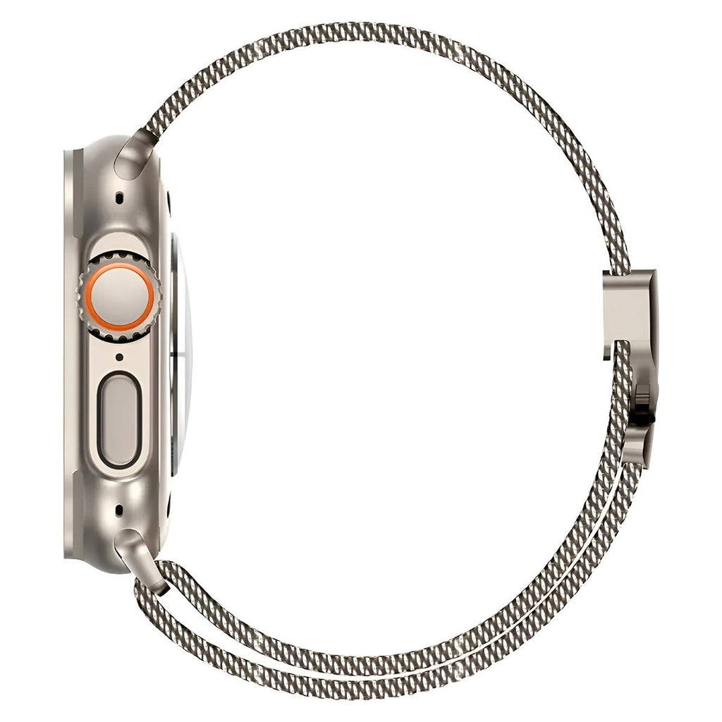 Bracelet maille milanaise titane acier inoxydable avec fermoir tactique pour Apple Watch, 38-42 mm, vue de côté.