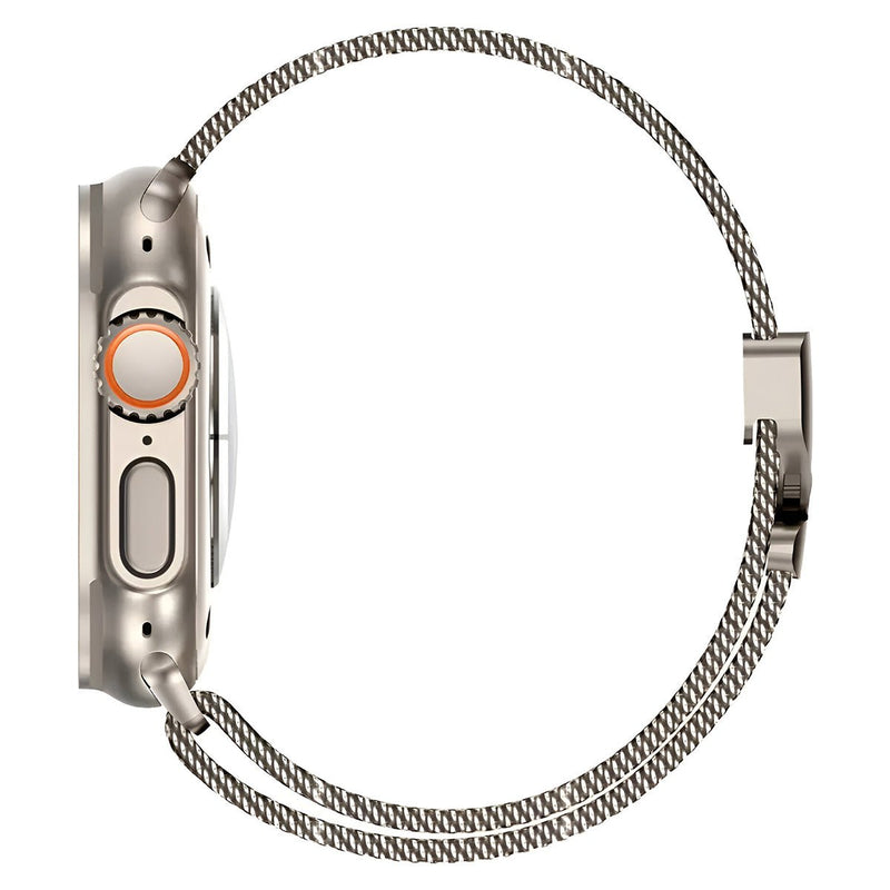 Bracelet maille milanaise titane acier inoxydable avec fermoir tactique pour Apple Watch, 38-42 mm, vue de côté.
