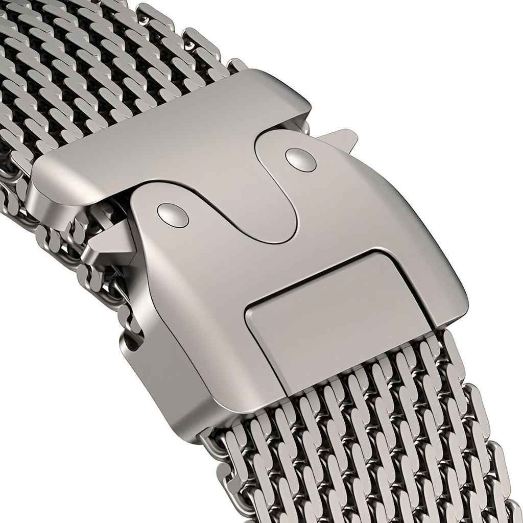 Bracelet maille milanaise acier inoxydable finition argent avec fermoir tactique robuste pour Apple Watch.