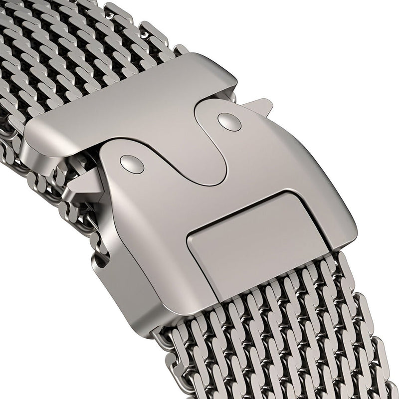 Bracelet maille milanaise acier inoxydable finition argent avec fermoir tactique robuste pour Apple Watch.