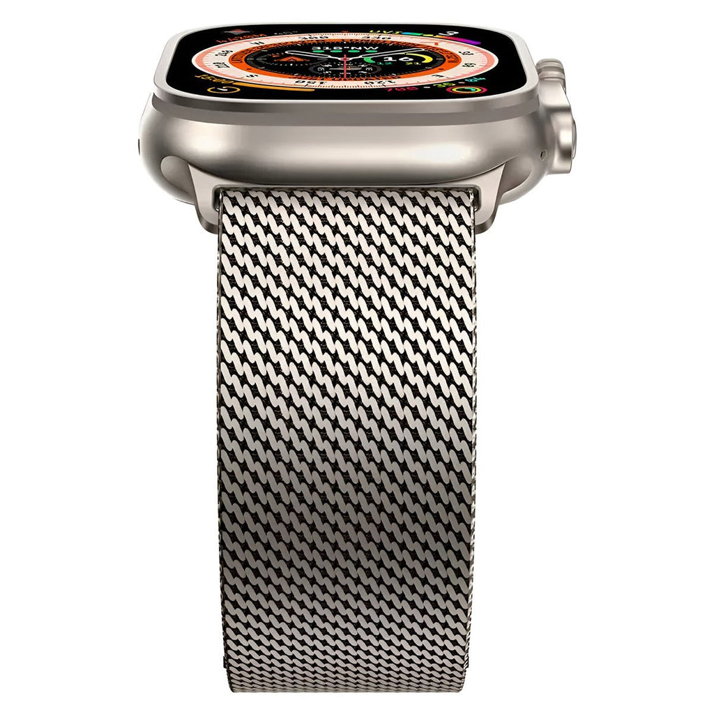 Bracelet maille milanaise en acier inoxydable gris pour Apple Watch avec fermoir tactique, vue de face.