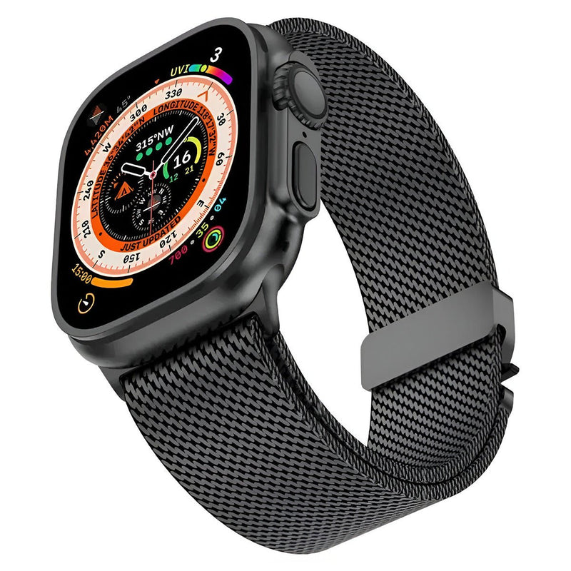 Bracelet maille milanaise noir acier inoxydable pour Apple Watch avec fermoir tactique, modèle Raeko.