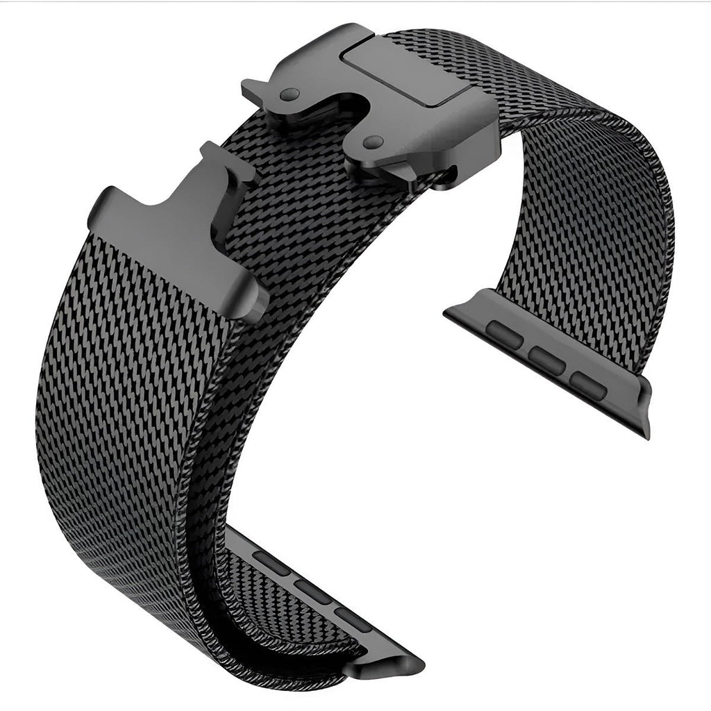 Bracelet maille milanaise noir en acier inoxydable avec fermoir tactique pour Apple Watch.