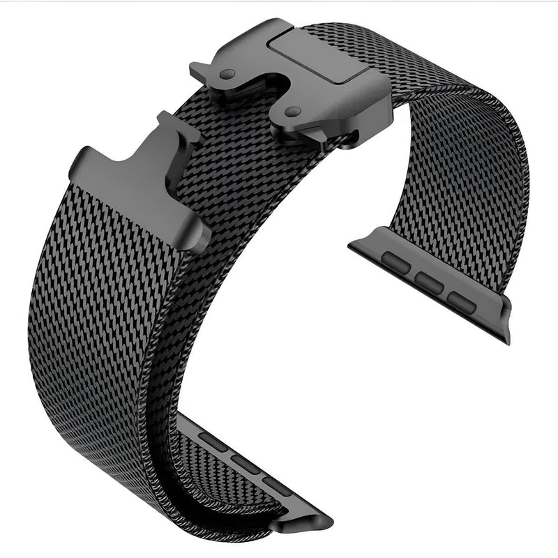 Bracelet maille milanaise noir en acier inoxydable avec fermoir tactique pour Apple Watch.