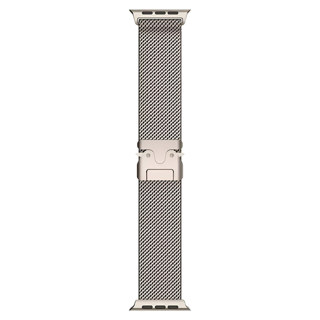 Bracelet maille milanaise argent en acier inoxydable avec fermoir tactique pour Apple Watch.